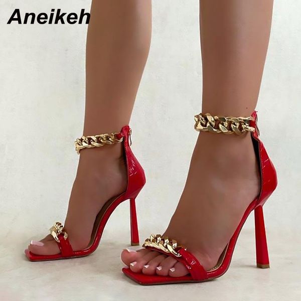 

dress shoes aneikeh 2021 bling patent leather sandals women summer stiletto heels pumps metal decoratio wedding cover heel zip, Black