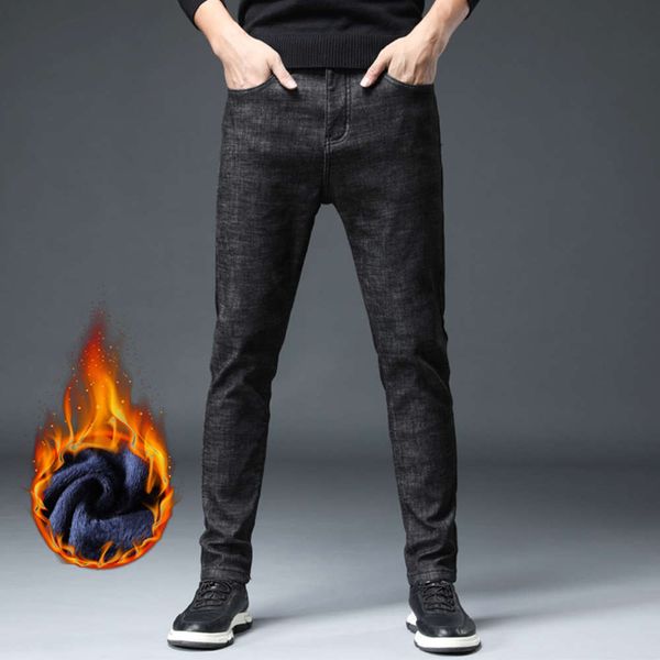 

black plush jeans trendy stretch slim thickened warm men's long pants, Blue