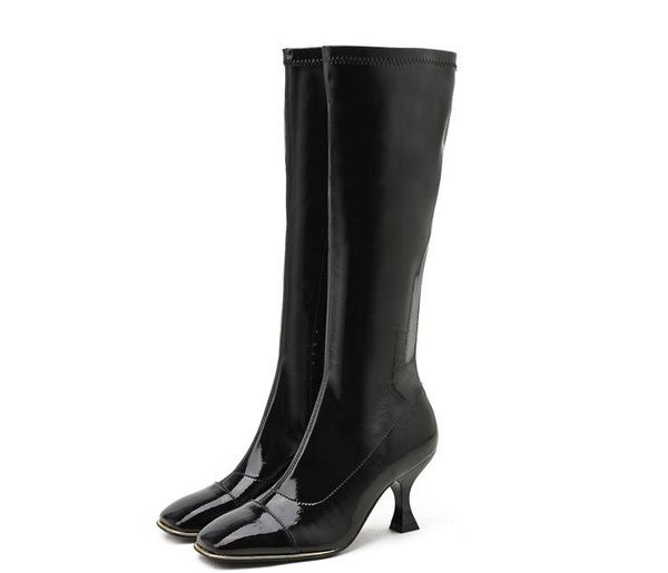 

boots 2021 patent leather square-toe wineglass with car stitching long women's high side zipper metal edging, Black