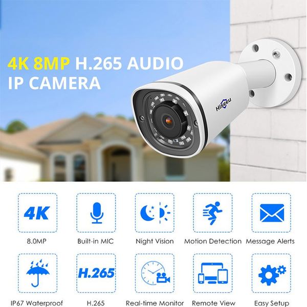 cameras hiseeu 4k 8mp poe ip camera waterproof audio record video surveillance security cctv for nvr 48v h.265