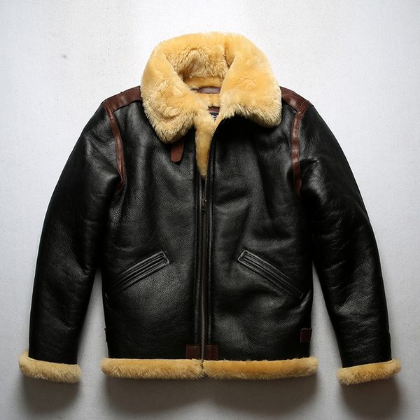 Зимние кожаные куртки бомбардировщики меховые пальто мужчины толстые овчины с шерстью полета пилотная куртка России теплого пальто