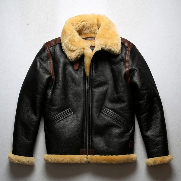 

winter leather jackets bomber fur coat men thick sheepskin shearling flight pilot jacket russia warm overcoat, Black
