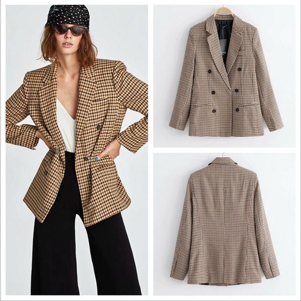 

2021 new moda nova xadrez magro double-breasted pequeno feminino manga longa superior blazer jaqueta solta casacos uc87 p3g0, White;black