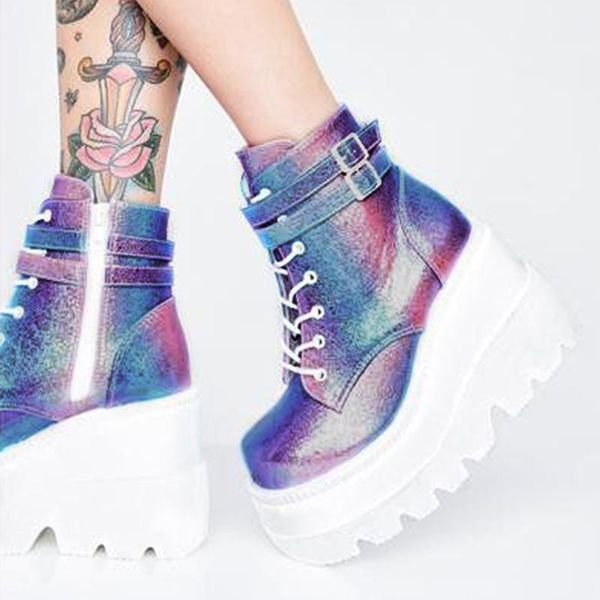 

boots women lace up flat biker combat shoes buckle female ladies, Black