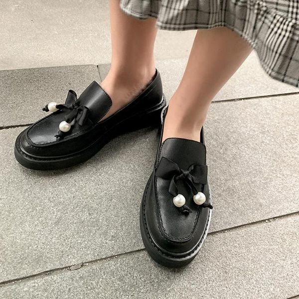 

osunlina spring woman flats round toe butterfly knot pearl decoration handmade platform flats genuine leather thick heels shoes, Black