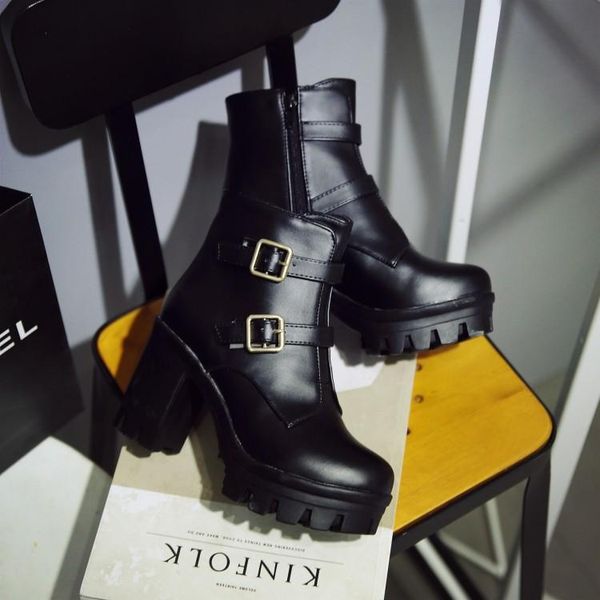 

boots big size 9 10 11 12 women shoes ankle for ladies woman winter side zipper with belt buckle, Black