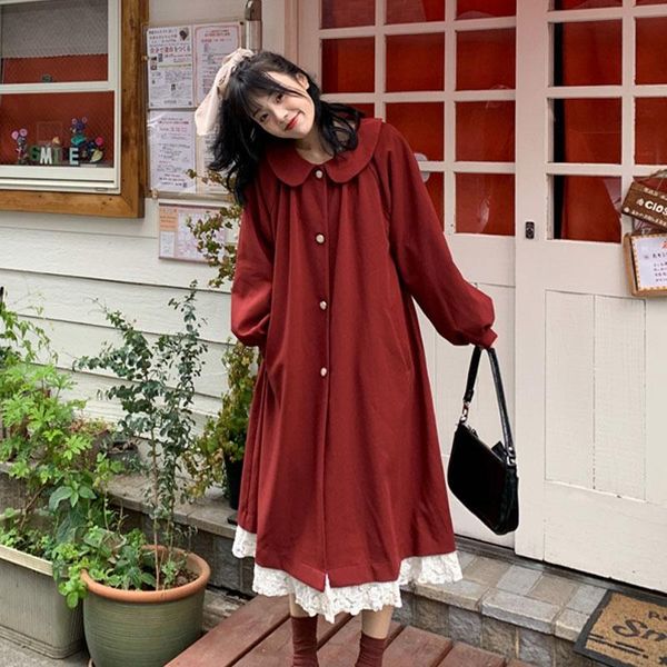 

casual dresses japanese style doll collar stitching lace christmas red dress small fairy lady super mori sweet spring, autumn and winter, Black;gray