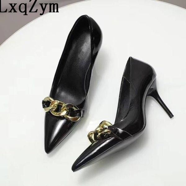 

dress shoes slip on metal chain decor women high heels pointed toe thin heel pumps party office lady pump, Black