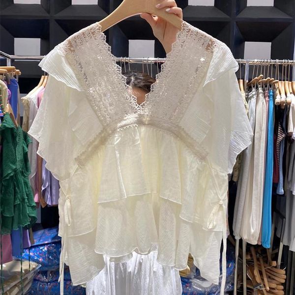 

women's blouses & shirts office lady casual elegant lace hollow print patchwork clothing summer v-neck stacked solid color ruffle sleev, White