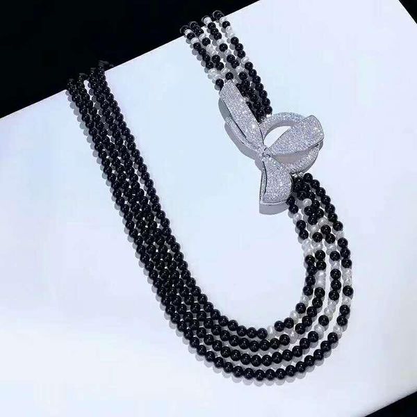 

chains style 4strands black stone white freshwater pearl necklace micro inlay zircon accessories long 45-53cm fashion jewelry, Silver