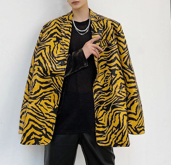 

fashionable british style highwear thickened texture fabric design men's suit coat loose zebra print causal blazers 9y3655, White;black