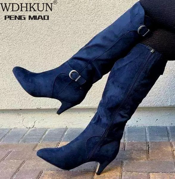 

boots arrivals women fashion faux suede knee high spike heels pointed toe zip design casual modern botas de mujer, Black