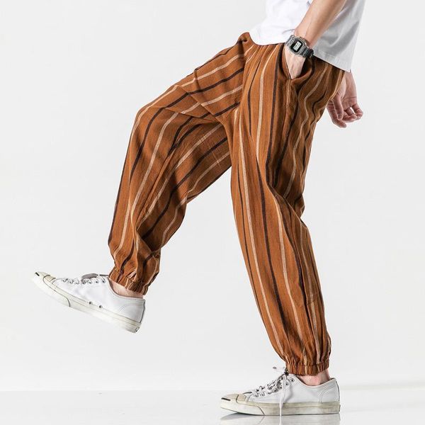 

men's pants large size loose stripe chinese style casual cotton and linen trousers nine minutes bunched, Black