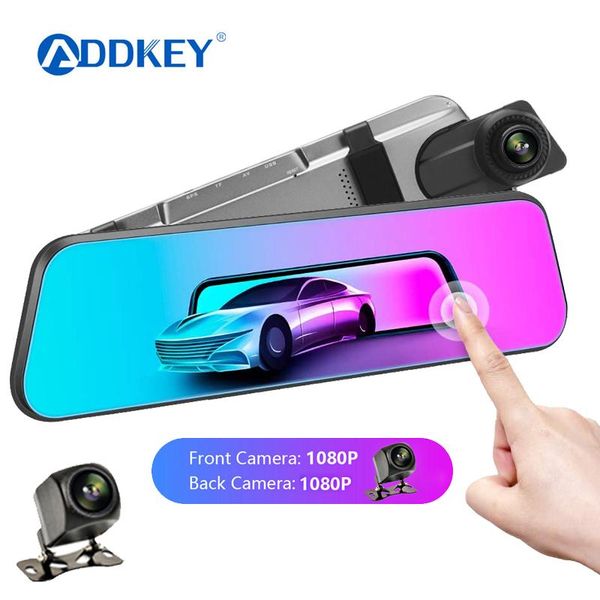 

car rear view cameras& parking sensors addkey 10" dvr touch screen stream media 1080p front camera dual lens video recorder mirror 24h