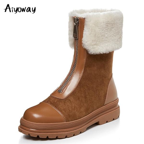 

boots aiyoway 2021 women autumn winter thick soled ankle genuine leather patchwork round toe wild front zipper shoes, Black