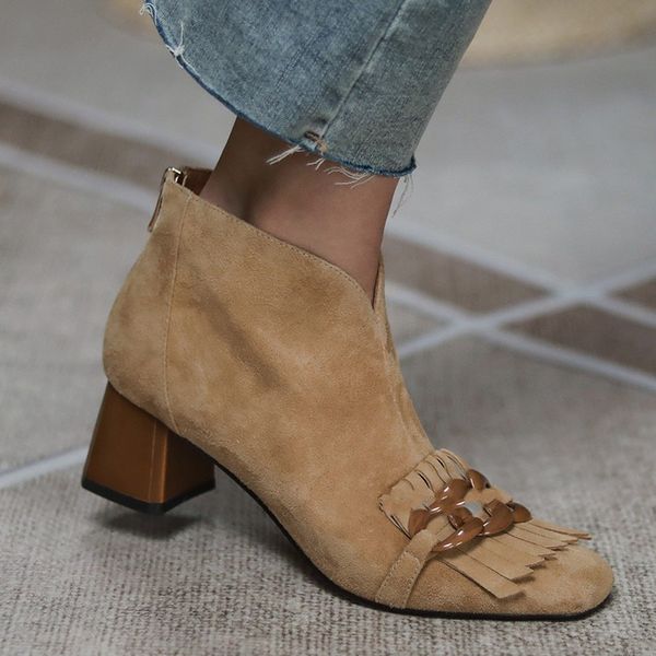 

2021 designer ankle fringe boots fashion boot suede leather chunky heel spring autumn western booties, Black