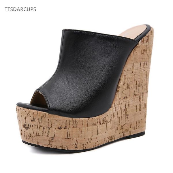 

slippers 2021 simple slope heel color matching high 16cm slipper waterproof platform 7cm large size 35-42 women shoes, Black