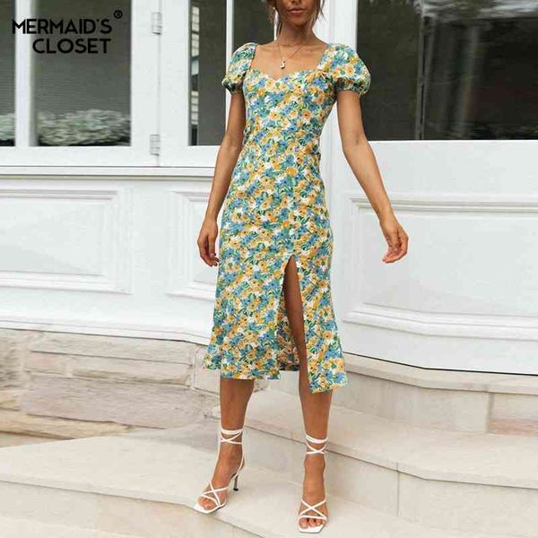 

casual dresses 2021 women summer long print floral square collar split boho sundress elegant slim puff sleeve female party vestido, Black;gray