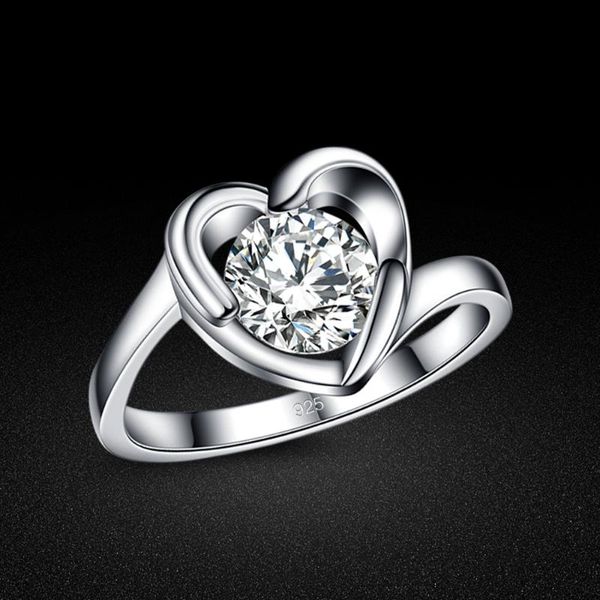 

cluster rings 100% pure 925 silver ring women's luxury cubic zircon heart-shaped solid wedding party accessories fine jewelry, Golden;silver