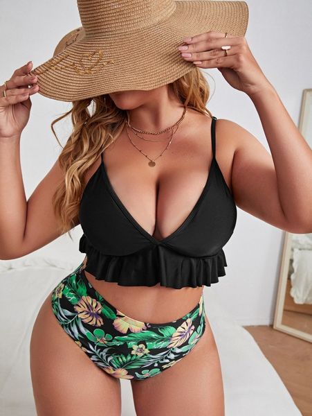 

plus floral print ruffle hem bikini swimsuit c4ce#, Black
