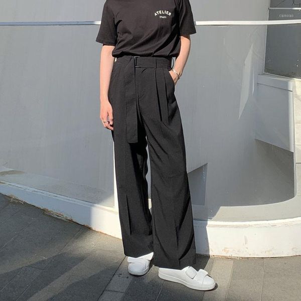 

men's pants male vintage fashion japan korea style streetwear belt long trousers men casual straight wide leg suit pant, Black