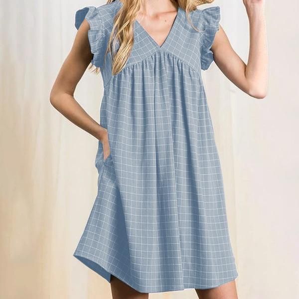 

maternity dresses women's plaid casual pullover sleeveless dress ruffle v-neck mini pregnancy clothes for po shoot, White