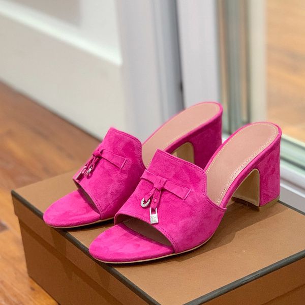 

loro piana slippers fashion cashmere high heeled sandals designer classic buckle womens 8.0cm heels shoes genuine leather thick heel womens, Black