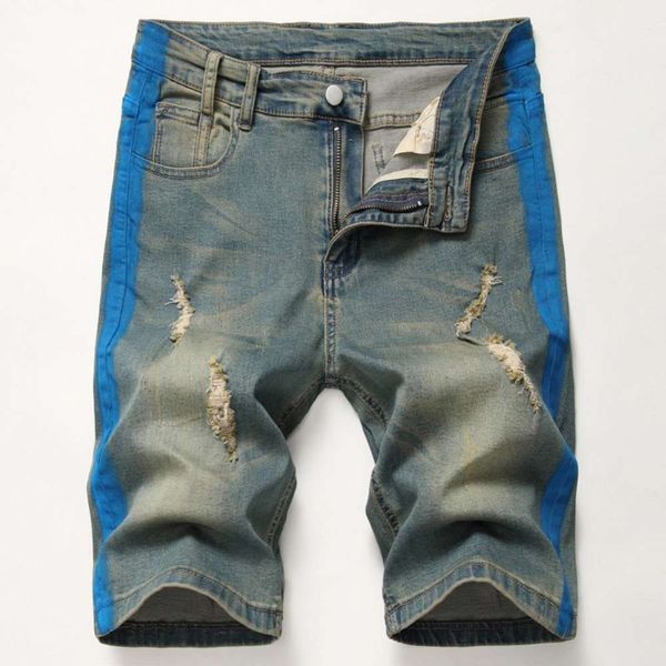 

mens designer ripped painted blue denim shorts 2020 summer stretch slim fit retro big sizewashed biker jeans shorts trousers 383