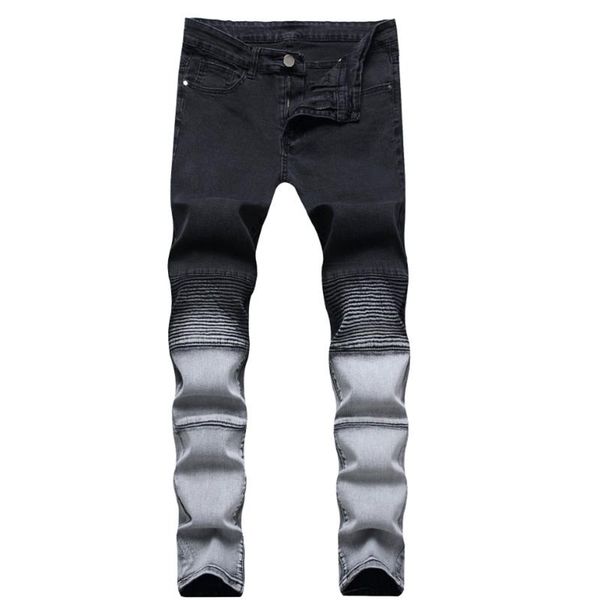 

men's jeans pleated motorcycle trousers stretch slim black small feet youth casual, Blue