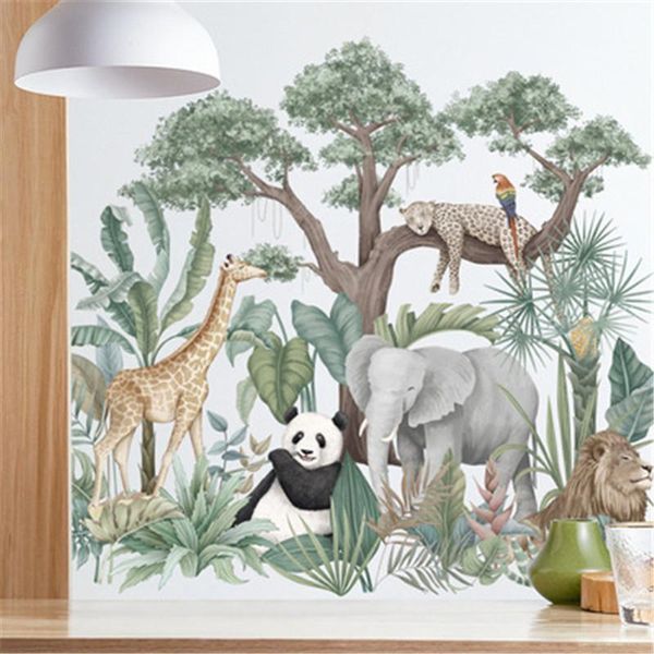 Наклейки на стены тропическое растение слон жираф лев для детской комнаты.