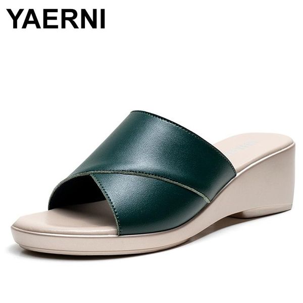 

slippers yaerni ladies wedge sandals flip flops 2021 fashion high heel women summer shoes genuine leather platform, Black