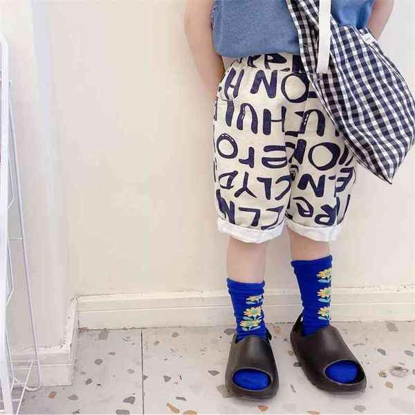 

summer korean style letters printing knee length pants boys and girls cotton casual middle 210708, Blue