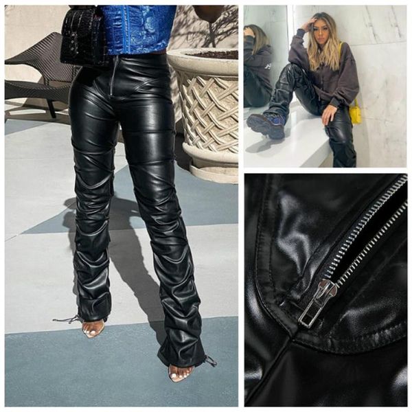 

women's pants & capris women high rise pu leather waist black stacked fashion hipster street style long trousers, Black;white