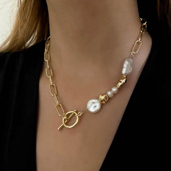 

chokers natural freshwater pearl necklaces for women goth punk gold color chains choker collares korean fashion kpop party jewelry ms363, Golden;silver