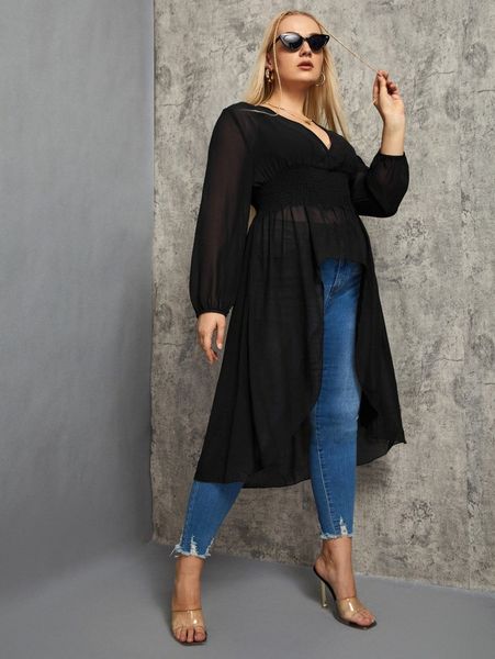 

plus lantern sleeve high low hem shirred chiffon blouse 49hc#, Black