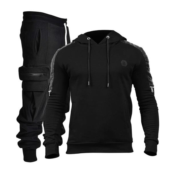 

men's tracksuits tracksuit sets autumn and winter casual solid set leather splice plush hoodies pocket pants two piece sportswear male, Gray