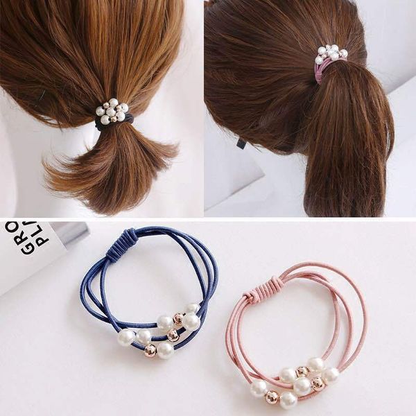 

multilayer ring showing temperament pearl tie head rope korean headdress hair accessories basic tie hair rubber band hair rope girl, Slivery;white