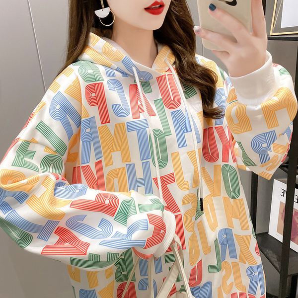 

qrwr 2021 korean women sweatshirts autumn winter fashion letter print fleece casual hoodies loose mid length hoodie oversize, Black;pink