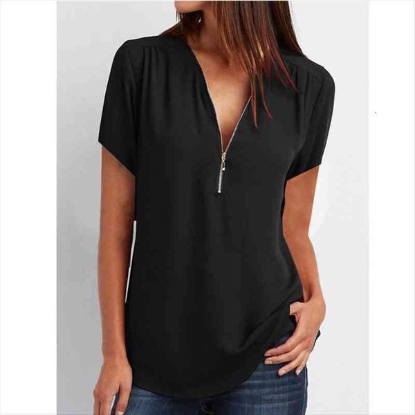

summer casual and women blouses short sleeve black solid v neck chiffon, White