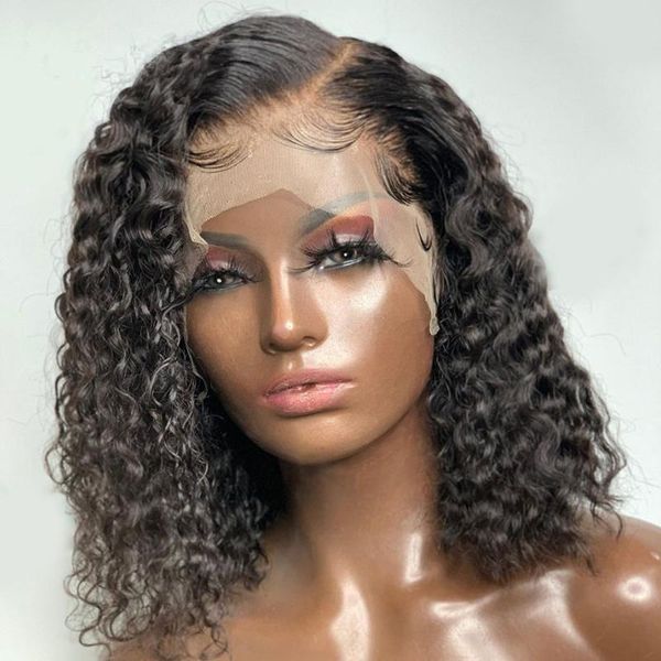 

lace wigs deep wave 13x4 bob 180% human hair 4x4 closure brazilian remy short kinky curly water wig, Black;brown
