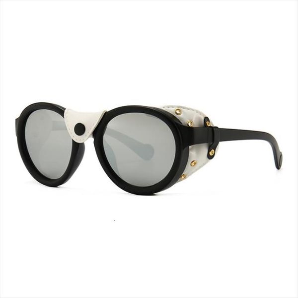 

Fashion Round Punk Style Steampunk Sunglasses Leather Side Shield Brand Design Sun Glasses Oculos De Sol, White;black