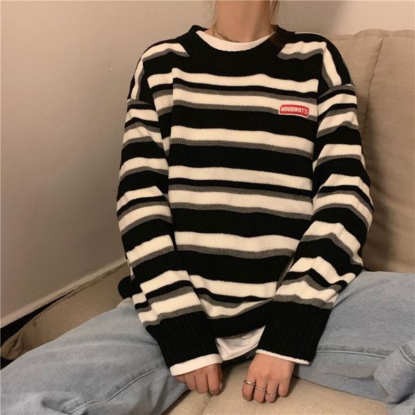 

women's sweaters female pullover sweater students autumn winter korean loose lazy rainbow striped long-sleeved casual knitted top, White;black