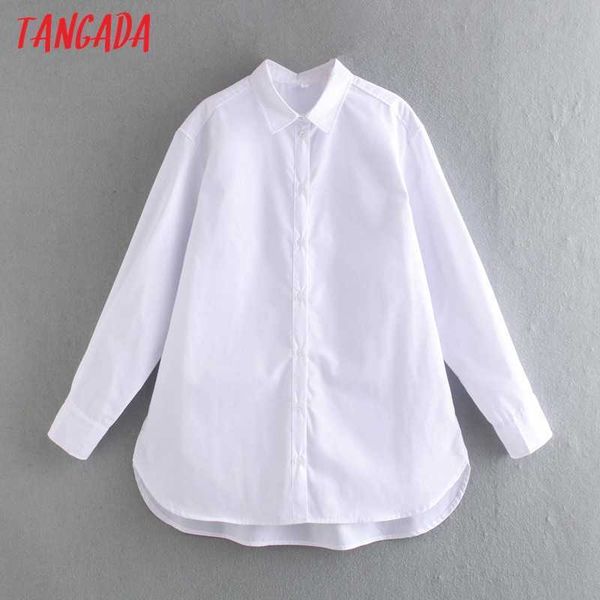 Tangada Donna Basic White Boyfriend Camicie oversize Manica lunga Solid Elegante Office Ladies Top Camicette CE118 210609