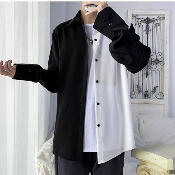 

men's dress shirts men shirt long sleeve fashion silk man black and white stitching design mens exquisite korean style camisa hombre st, White;black