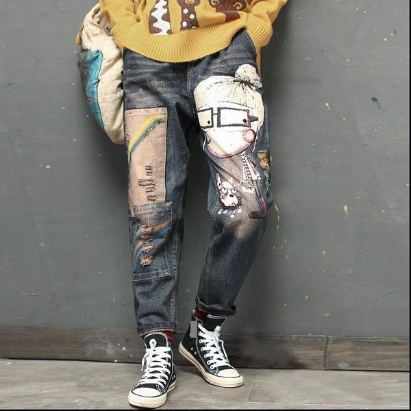 

fashion print pants women female spring summer women jeans trousers denim chic high waist pant casual jeans women, Blue