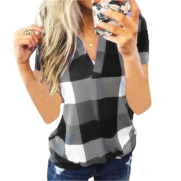

women blouses summer v neck plaid short sleeve loose casual shirt blouse ladies blouse plus size womens shirt, White