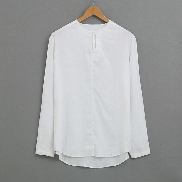 

2021 spring and summer new men's linen collarless long sleeve casual shirt men white flax breathable shirts male camisa anmf