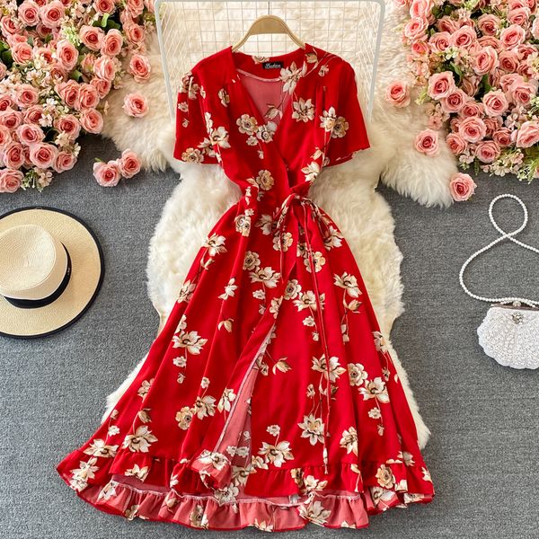 

summer vintage v-neck short sleeve printed midi dress women casual high waist a-line ruffle big swing vestidos female 2021 new, Black;gray