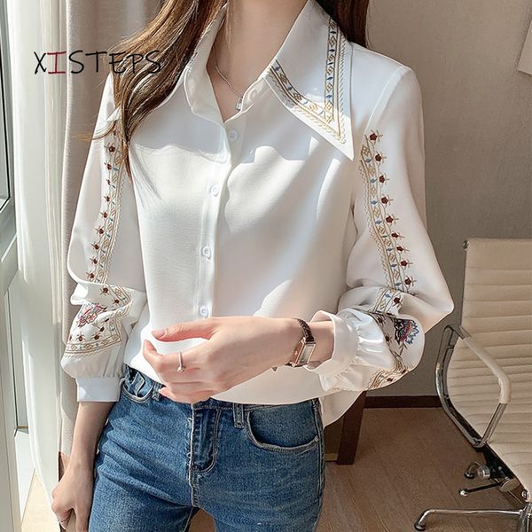 

embroidered women shirt female elegant blouses ladies work wear shirts white beige floral clothings chiffon