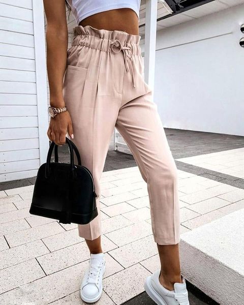 

women's pants & capris 2021 fashion apricot high waist ruffled casual temperament office ladies trousers, Black;white